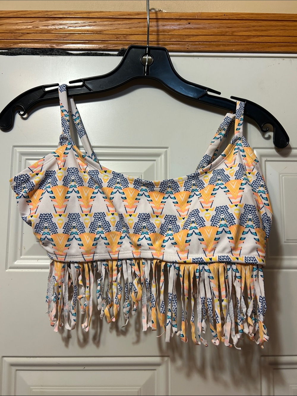 Fringe Tribal Print Swim Top in Peach-Blue L